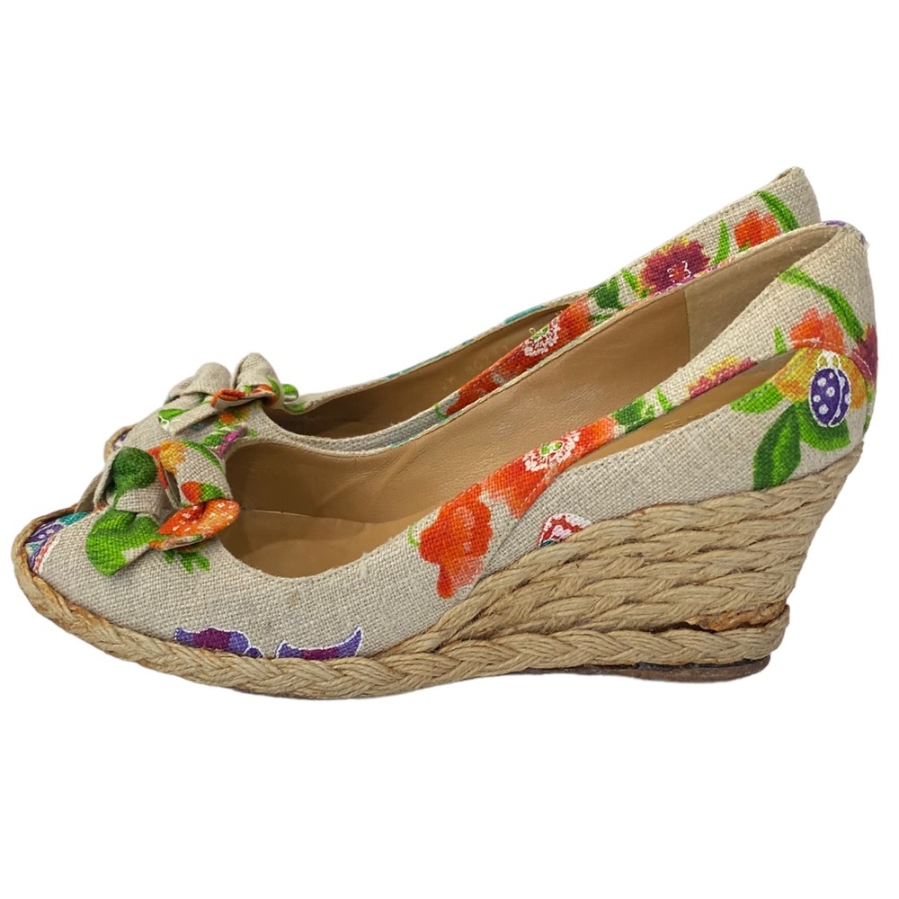 Stuart Weitzman Beige Floral Embroidered Espadrille Wedge Heels